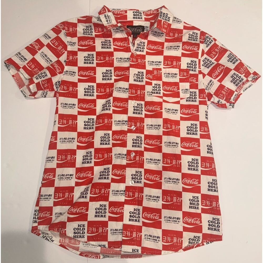 Coca Cola Seoul Korea Checkerboard Button Up Shirt Small Graphic Logo